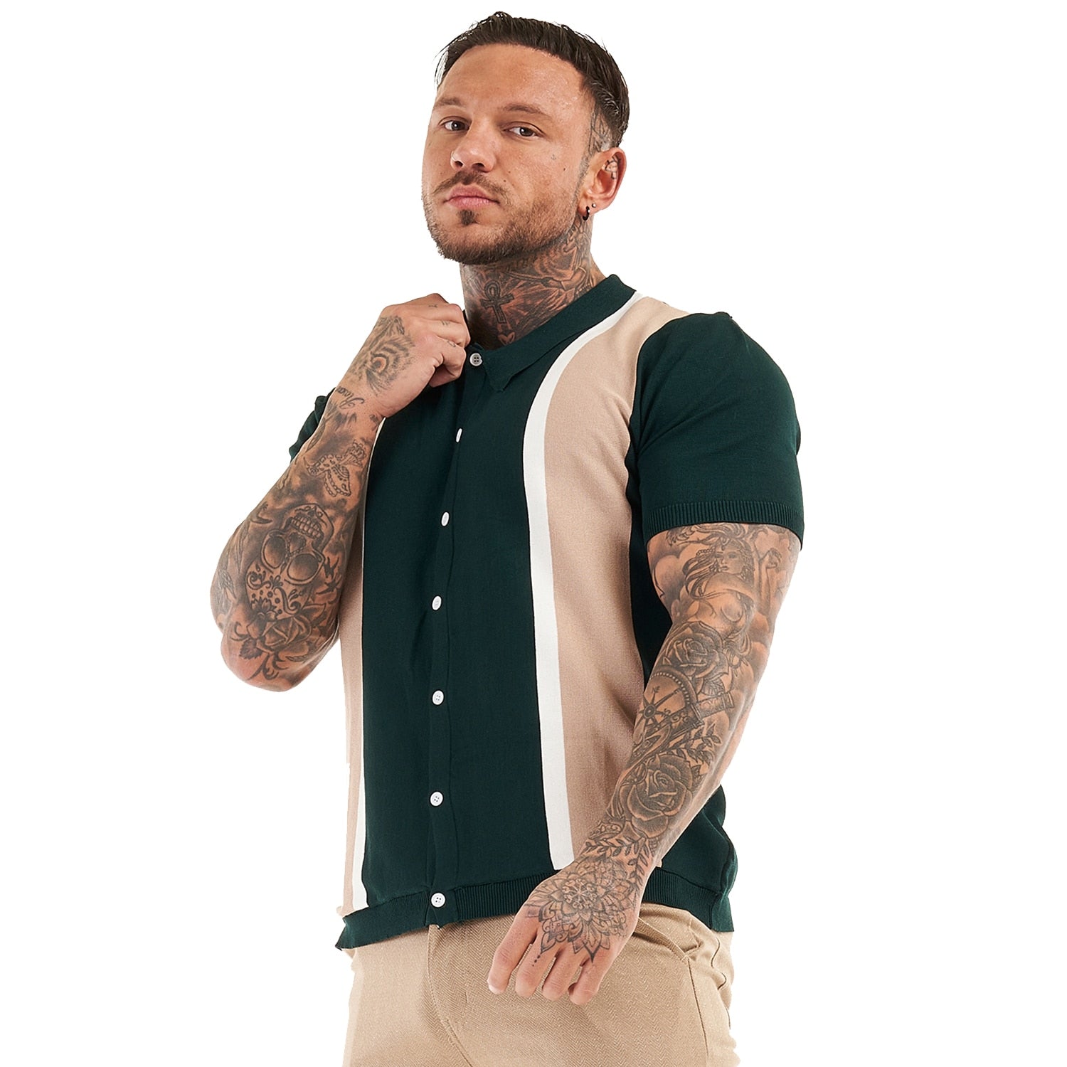 PREMIUM SHORT SLEEVE SLIM FIT POLO - GREEN/CREAM/WHITE